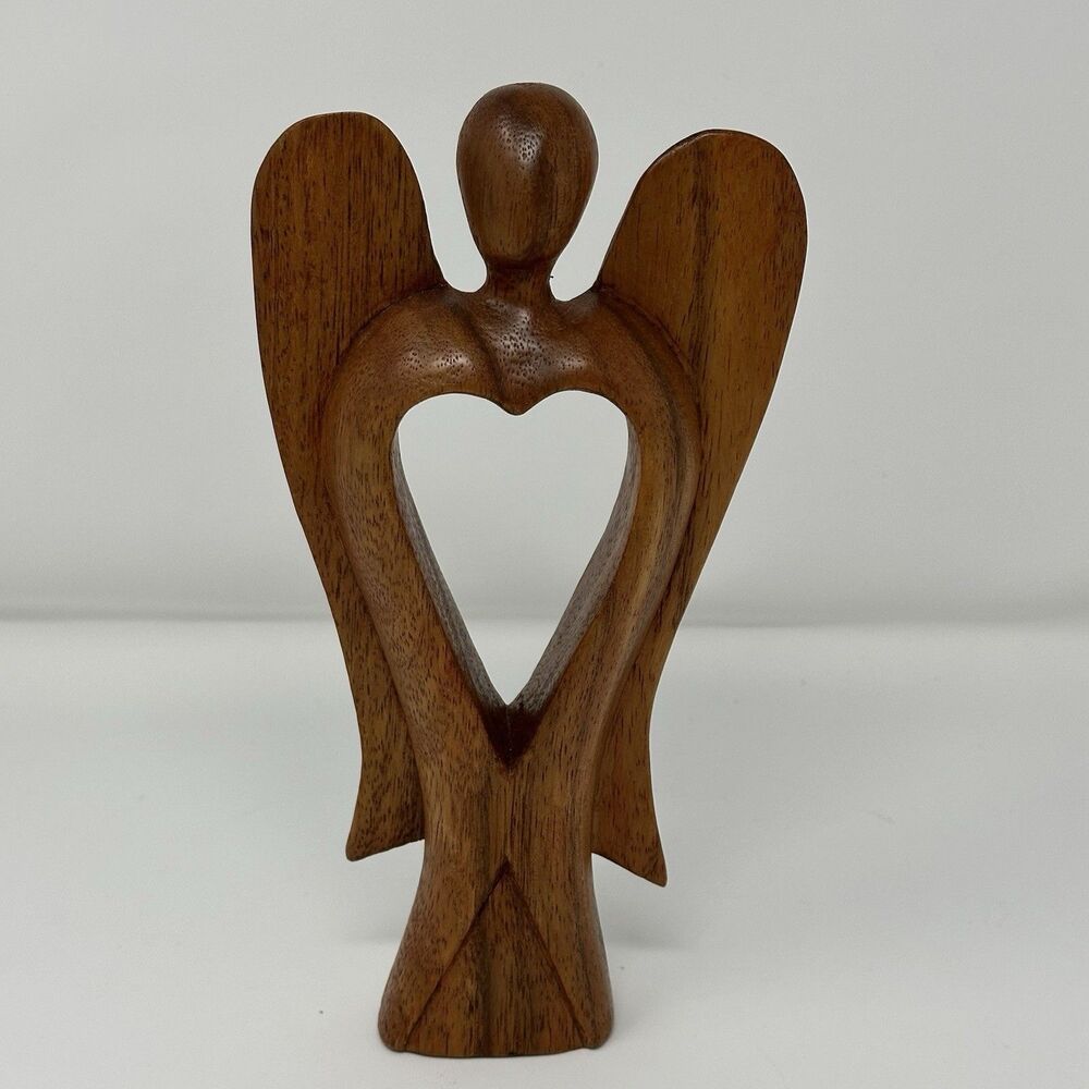 Serrv Int Wood Carved Angel Figure Heart Center Acacia Wood Artisan Handcrafted